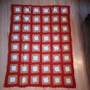 Homemade Crochet Granny Square Gold Ivory Red Afghan - Throw w/ Pillow Storage